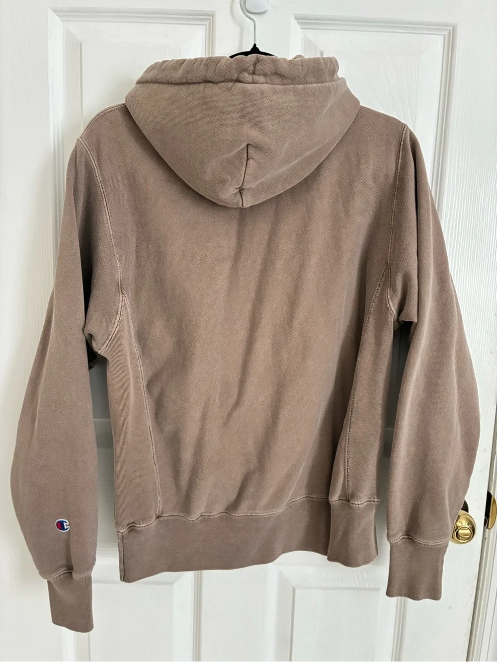Champion Reverse Weave drawstring Hoodie in Taupe with embroidered chest logo S